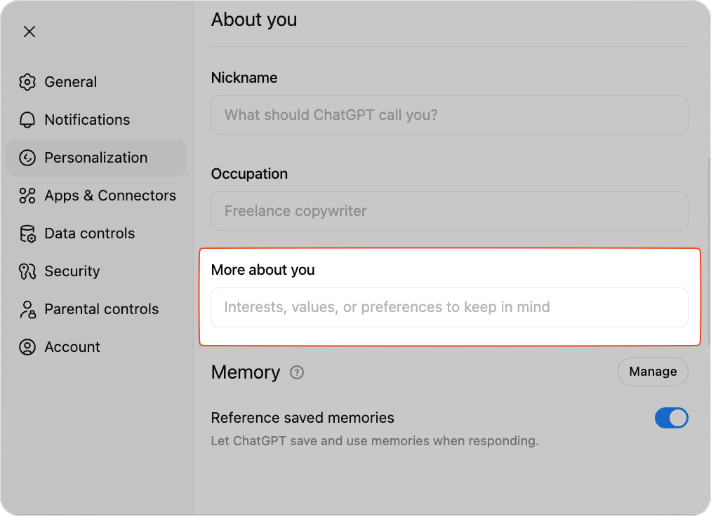 تخصيص ChatGPT لاحتياجاتك واسلوبك، مع أفضل الممارسات والأمثلة لنتائج أفضل، وهلوسة أقل 8 ChatGPT Custom instructions En More about you