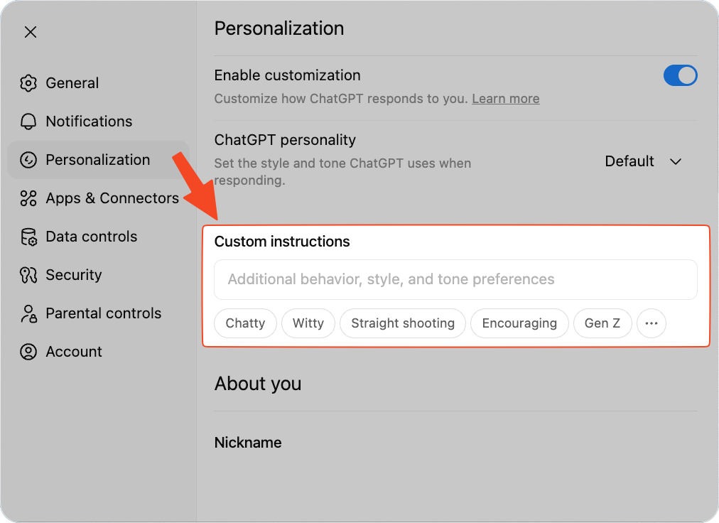 تخصيص ChatGPT لاحتياجاتك واسلوبك، مع أفضل الممارسات والأمثلة لنتائج أفضل، وهلوسة أقل 6 ChatGPT personality Custom instructions En New