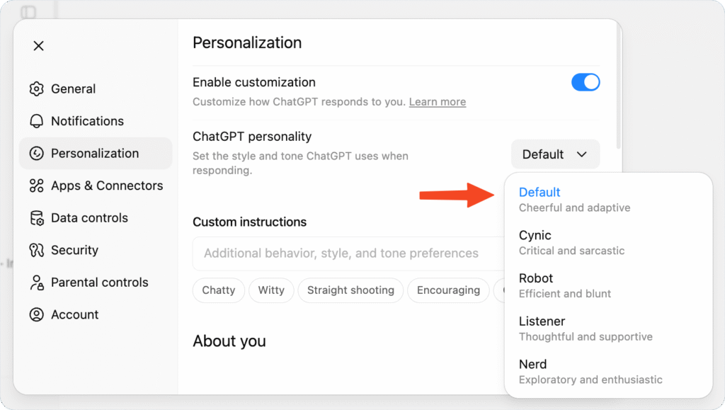 تخصيص ChatGPT لاحتياجاتك واسلوبك، مع أفضل الممارسات والأمثلة لنتائج أفضل، وهلوسة أقل 5 ChatGPT personality En New