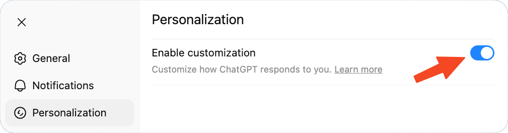 تخصيص ChatGPT لاحتياجاتك واسلوبك، مع أفضل الممارسات والأمثلة لنتائج أفضل، وهلوسة أقل 4 Enable customization En New