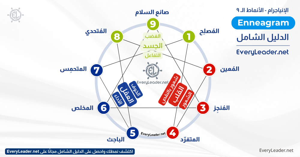 الدليل الشامل للإنياجرام (Enneagram): أنماط الشخصية التسعة 3 enneagram nine personality types arabic infographic everyleader